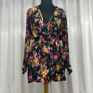 Vici Large Wrap Dress Floral Print Black Mini Long Sleeve Button Lace Cuff